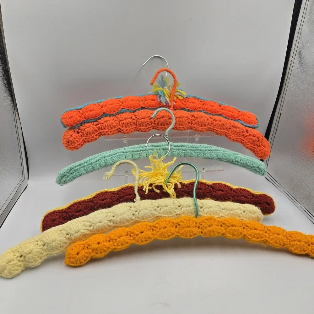 Crochet Knitted Hangers Grannycore Chic Lot of 6 VTG Handmade Wooden Countrycore